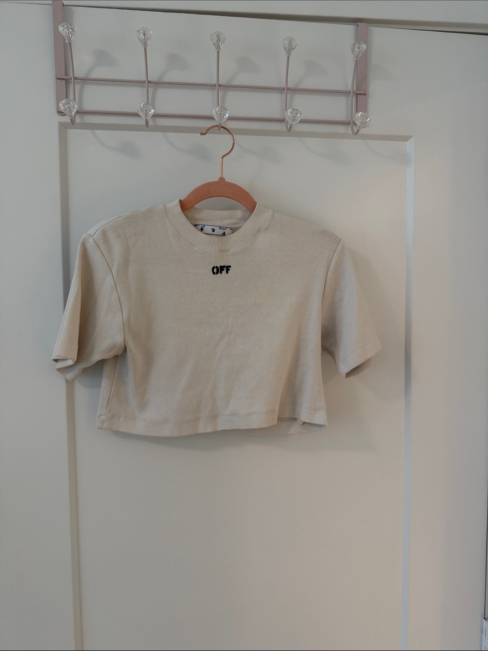 Off-White Cream Cropped Tee with Center 'OFF' Embroidery